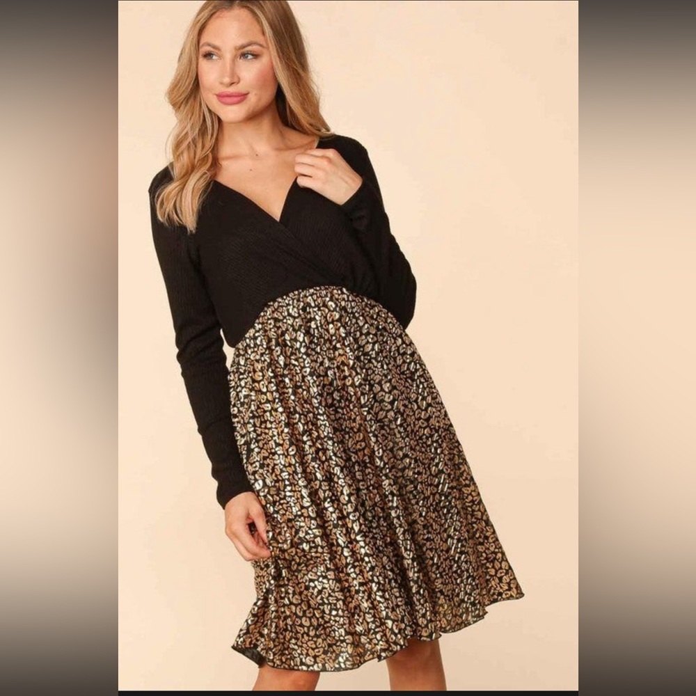 Hacci Rib Pleated Gold Foil Leopard Twofer Midi Dress, Small. BEAUTIFUL dress! - Picture 6 of 7